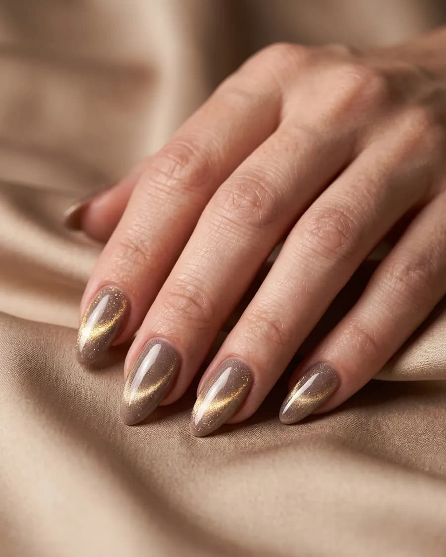 Champagne Magnétique — Une bande lumineuse traverse l'ongle et bouge avec la lumière. Discret et hypnotique.