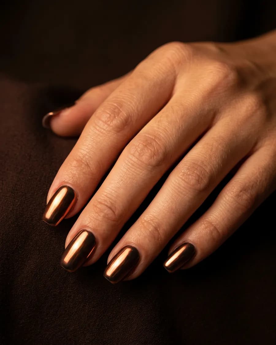 Cuivre Brûlé — Un métal chaud posé sur base sombre. Le chrome, version automne.