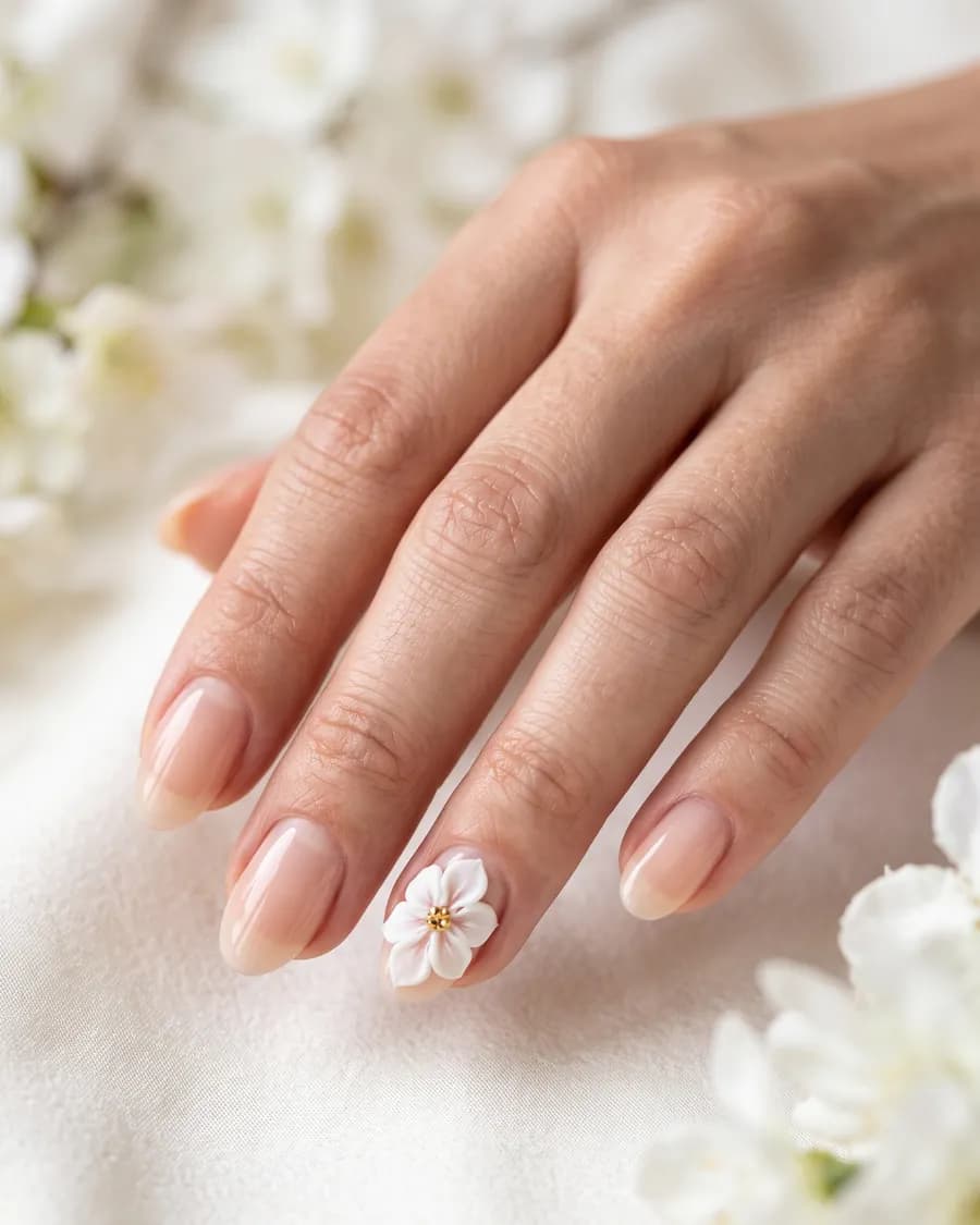 Fleur de Gel — Une fleur sculptée à la main sur un seul ongle, cœur doré. Discrète et précieuse.