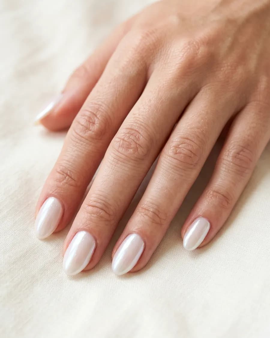 Glazed Nacre — Le voile perlé sur base laiteuse. L'ongle a l'air givré, en permanence.