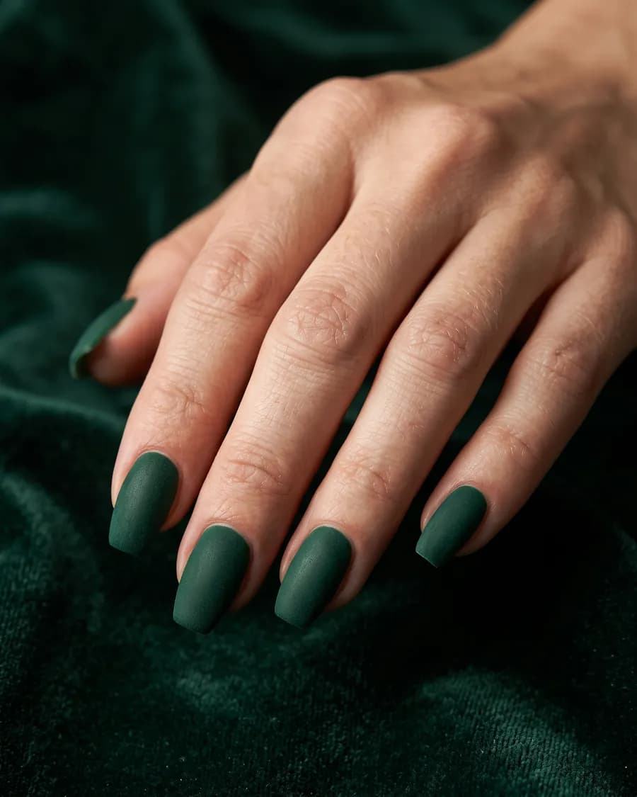 Velours Forêt — Vert sapin mat sur forme courte. Inattendu, et terriblement chic.